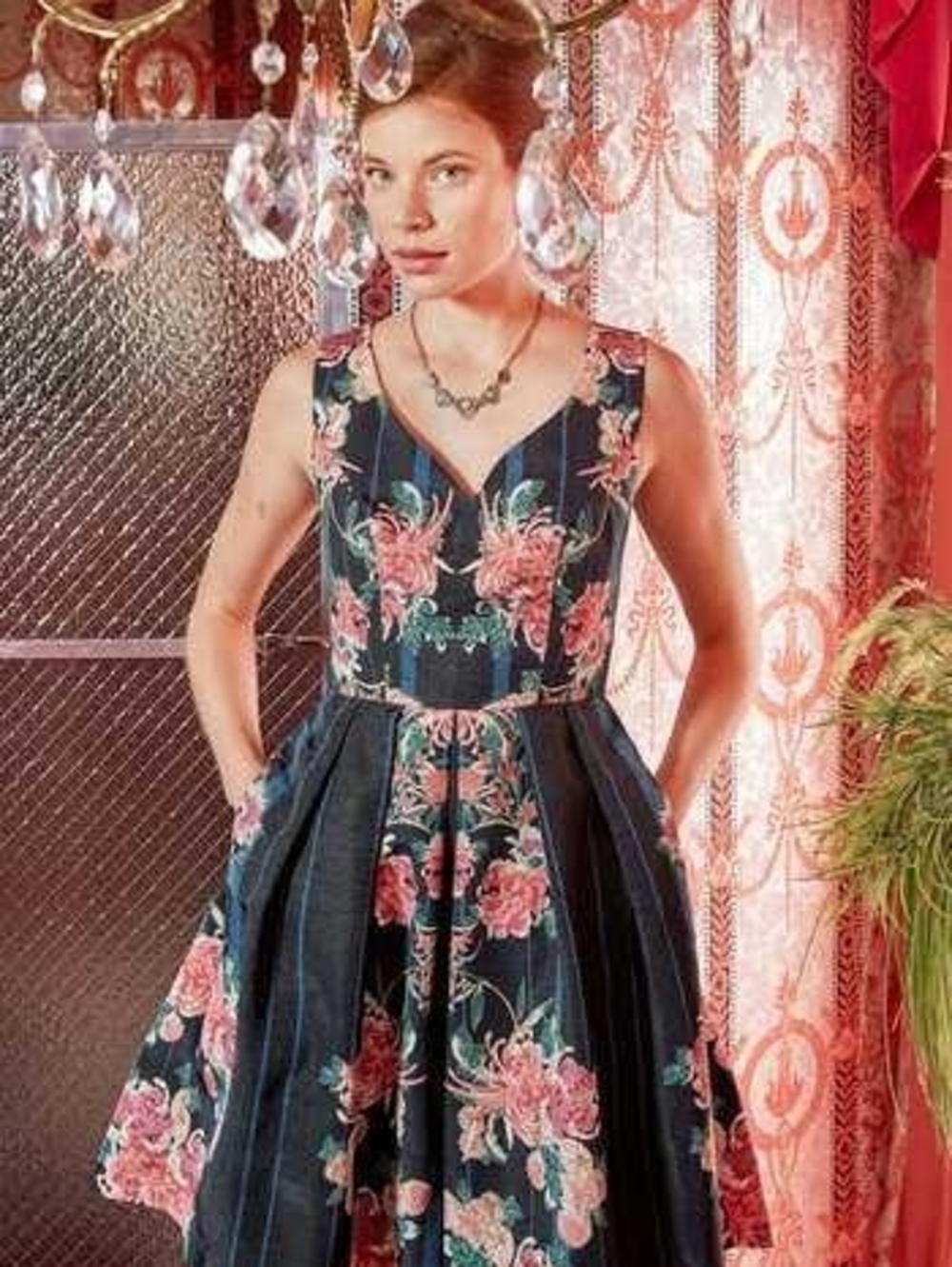Modcloth Floral Fit-and-Flare Dress in Navy with Pink Roses Size XL